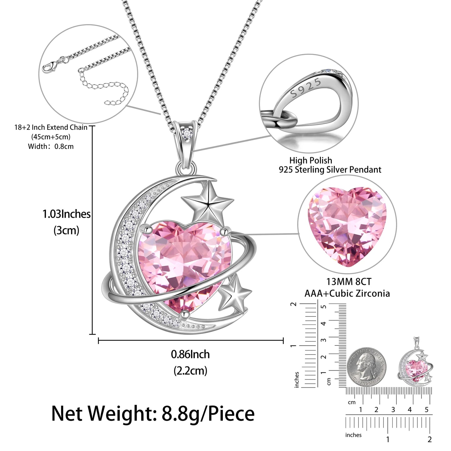 13MM Women Moon Star Necklace Heart October Birthstone 925 Sterling Silver Pendant Pink Tourmaline Plane Jewelry Christmas Birthday Valentine'S Day Gift for Her/Wife/Mother