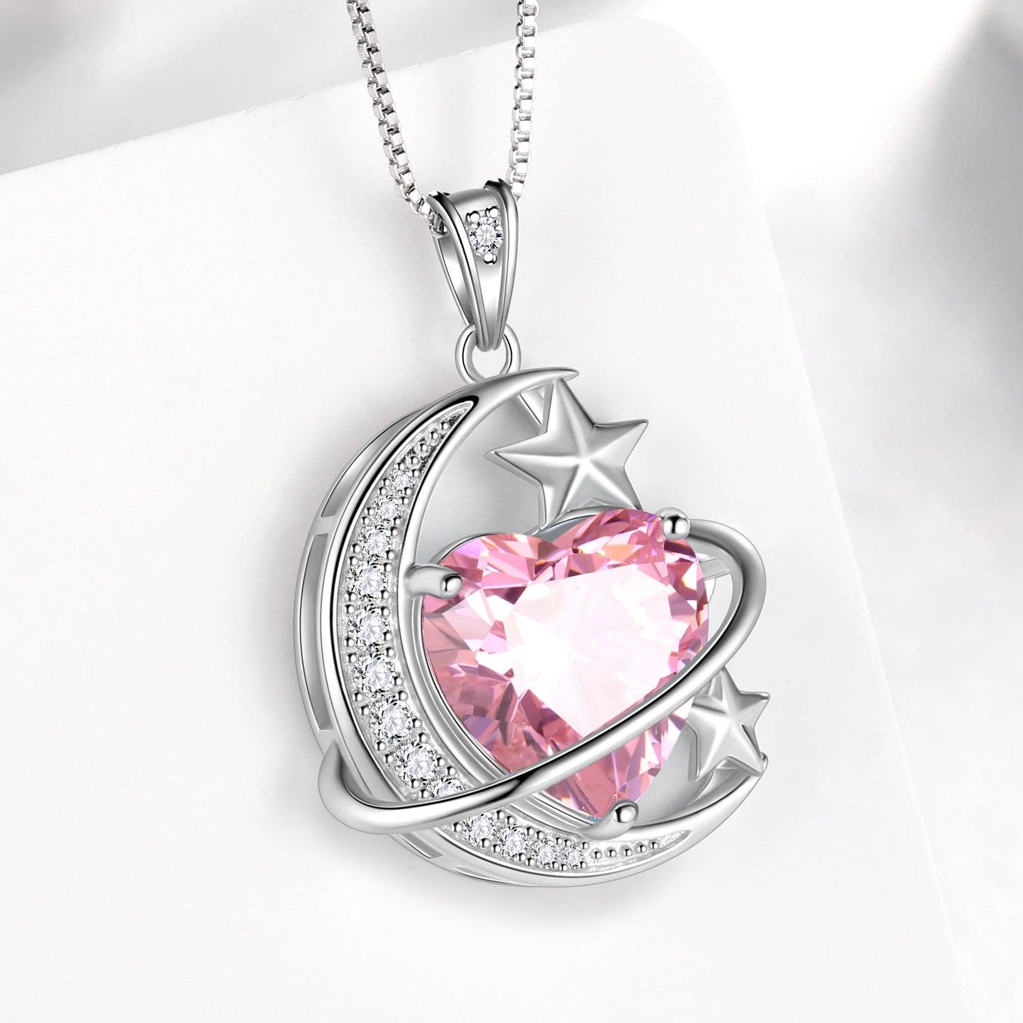 13MM Women Moon Star Necklace Heart October Birthstone 925 Sterling Silver Pendant Pink Tourmaline Plane Jewelry Christmas Birthday Valentine'S Day Gift for Her/Wife/Mother