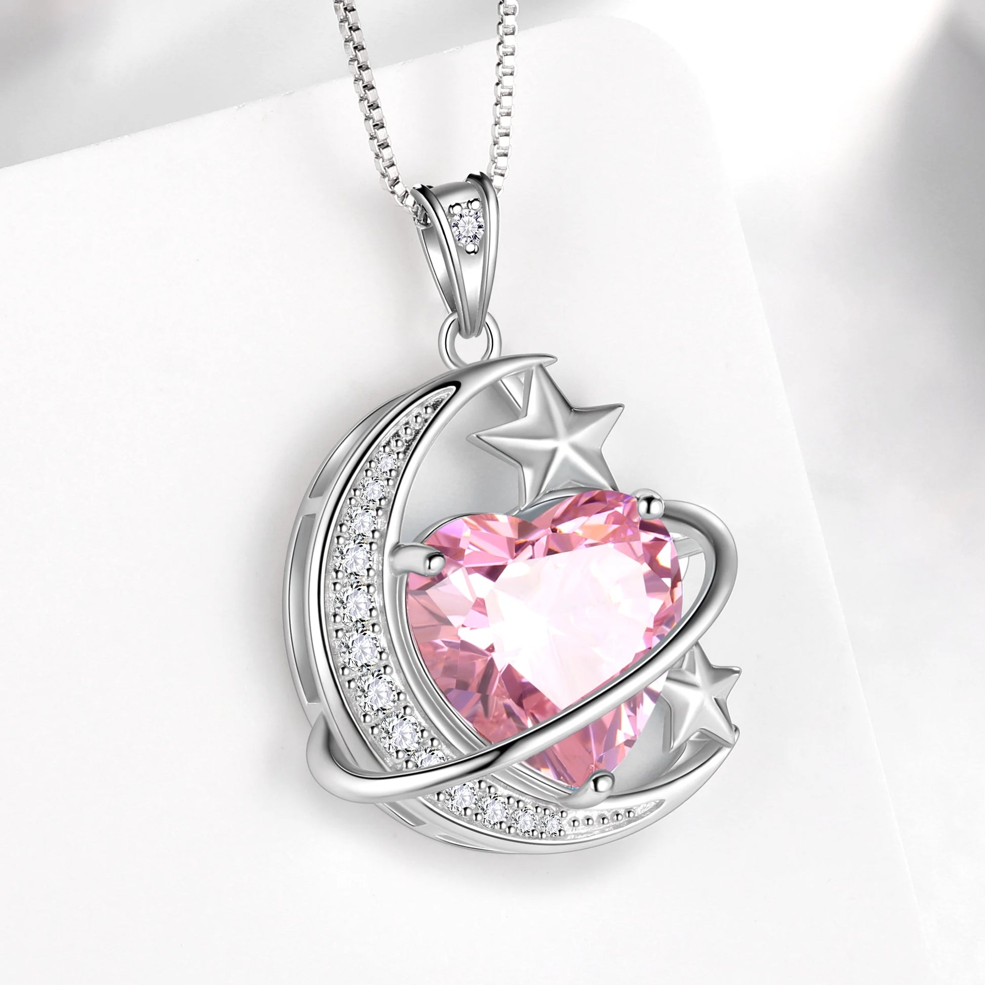 13MM Women Moon Star Necklace Heart October Birthstone 925 Sterling Silver Pendant Pink Tourmaline Plane Jewelry Christmas Birthday Valentine'S Day Gift for Her/Wife/Mother