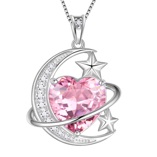 13MM Women Moon Star Necklace Heart October Birthstone 925 Sterling Silver Pendant Pink Tourmaline Plane Jewelry Christmas Birthday Valentine'S Day Gift for Her/Wife/Mother