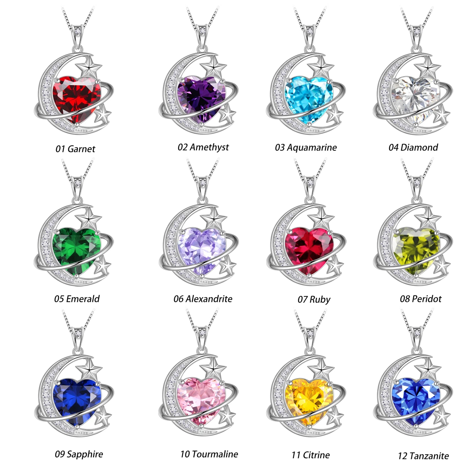 13MM Women Moon Star Necklace Heart October Birthstone 925 Sterling Silver Pendant Pink Tourmaline Plane Jewelry Christmas Birthday Valentine'S Day Gift for Her/Wife/Mother