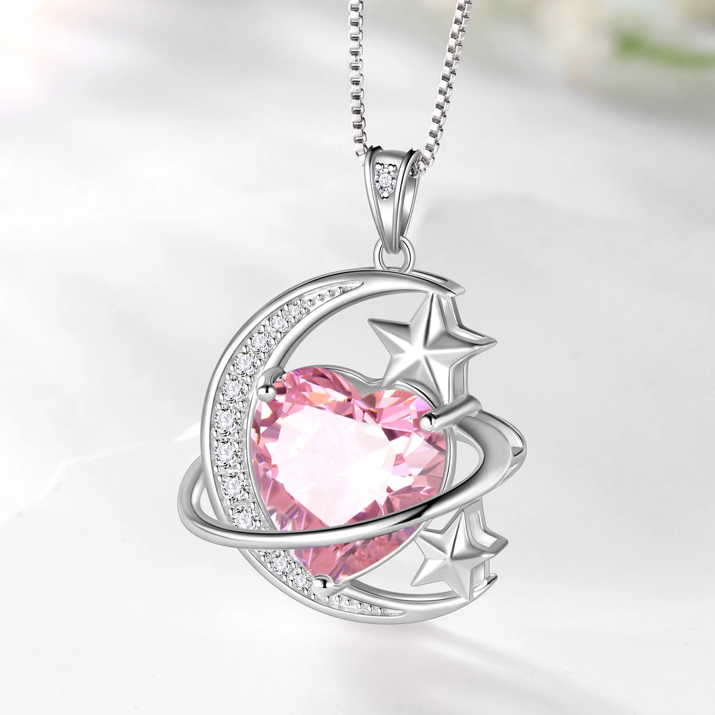 13MM Women Moon Star Necklace Heart October Birthstone 925 Sterling Silver Pendant Pink Tourmaline Plane Jewelry Christmas Birthday Valentine'S Day Gift for Her/Wife/Mother