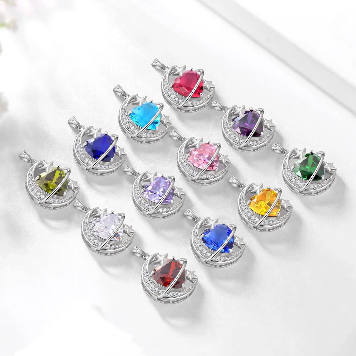 13MM Women Moon Star Necklace Heart October Birthstone 925 Sterling Silver Pendant Pink Tourmaline Plane Jewelry Christmas Birthday Valentine'S Day Gift for Her/Wife/Mother