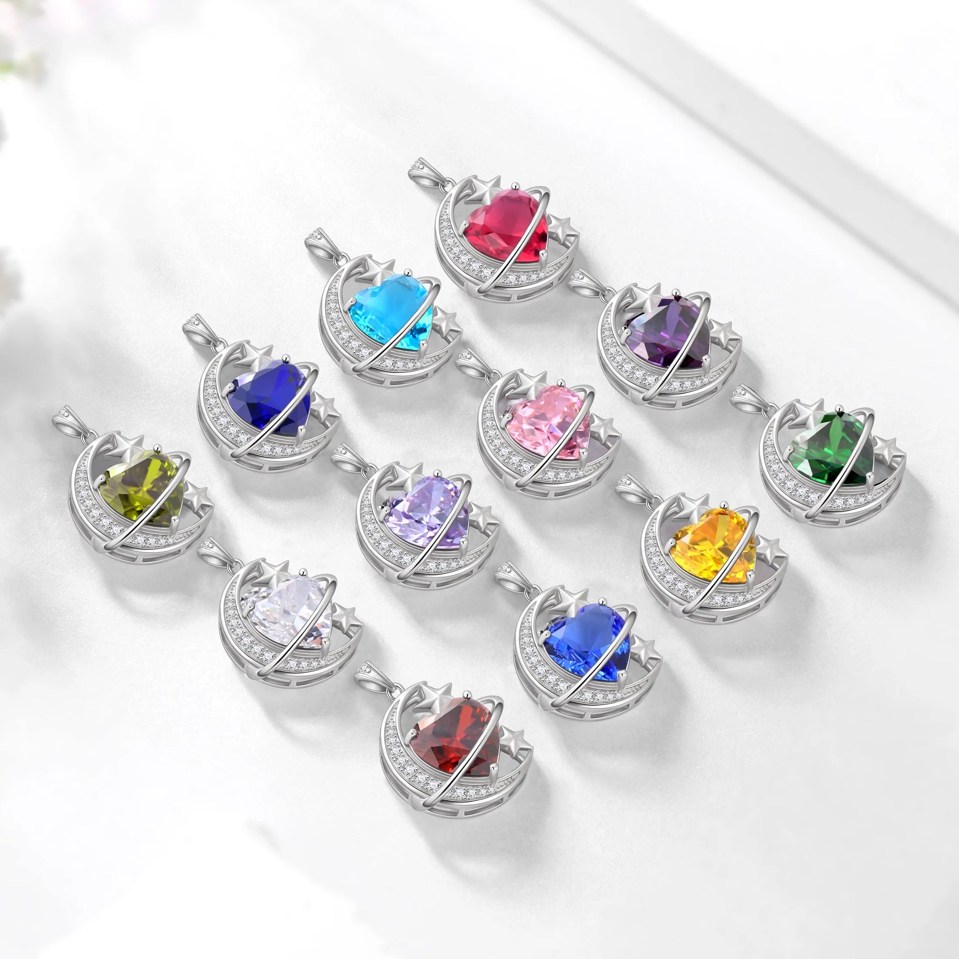 13MM Women Moon Star Necklace Heart October Birthstone 925 Sterling Silver Pendant Pink Tourmaline Plane Jewelry Christmas Birthday Valentine'S Day Gift for Her/Wife/Mother